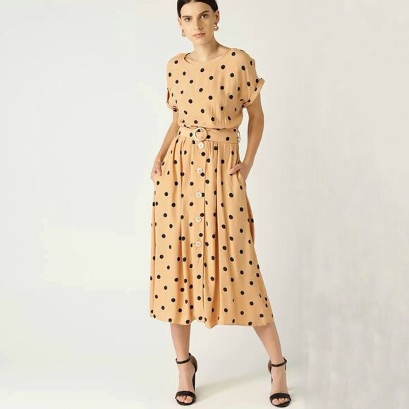 Mango Polka Dot Belted Fit Flare Midi Dress Tan Black Small 4 - Picture 1 of 13